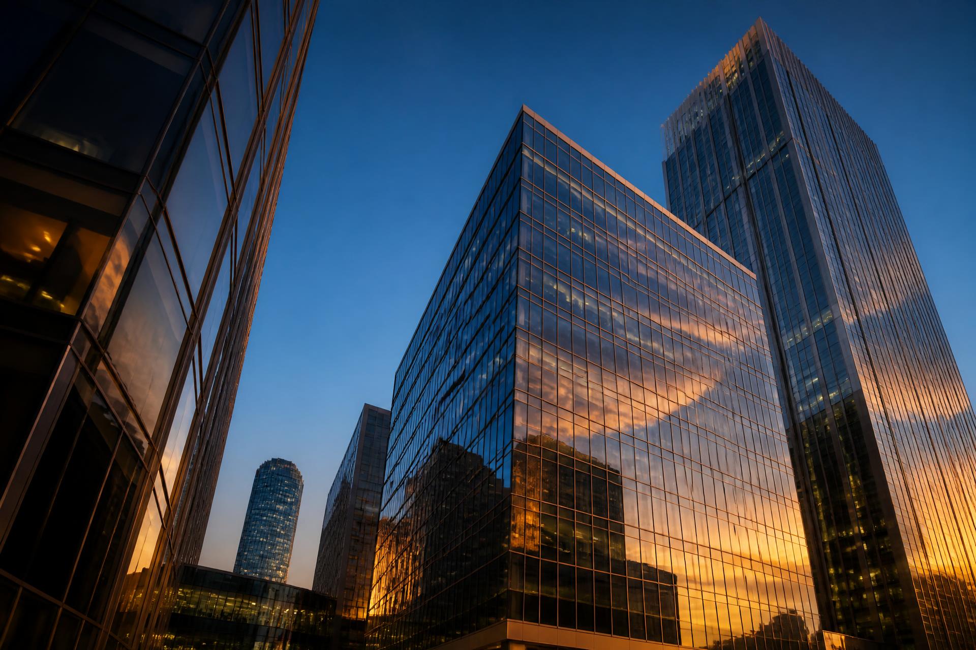 Torres corporativas de vidro em distrito financeiro ao entardecer